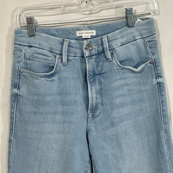 Good American Women’s Jeans Size 4 / 27 Light Wash Flare Raw Hem Stretch Denim - Picture 3 of 6